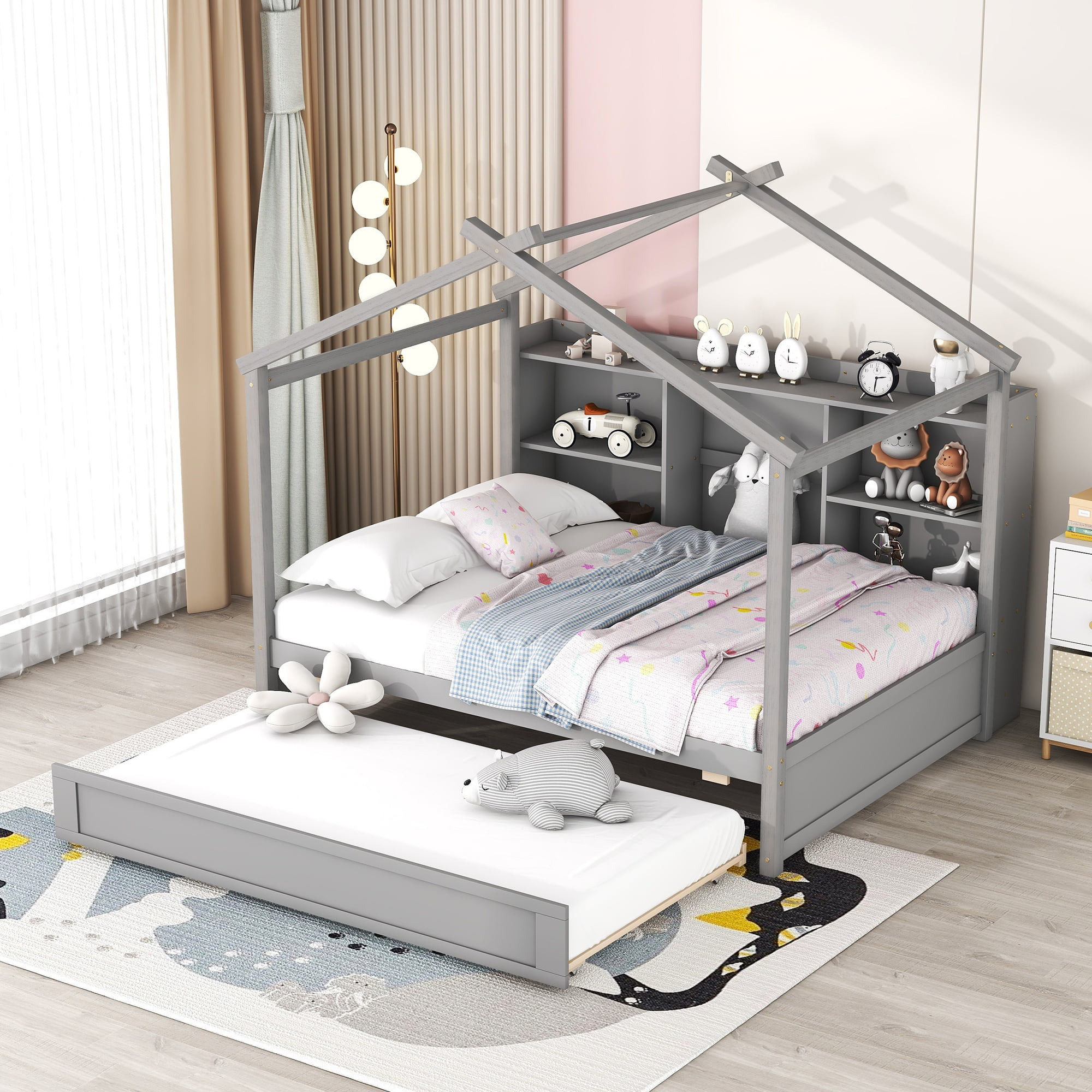 Full Size House Bed with Storage Shelves and Twin Size Trundle