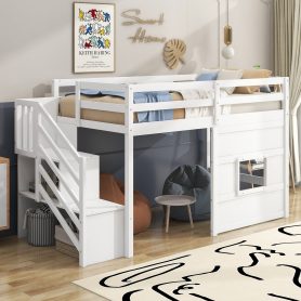 Twin Size Loft Bed with Storage Staircase and Window