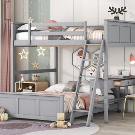 Solid Wood Full Over Full Bunk Bed With Desk and Ladder