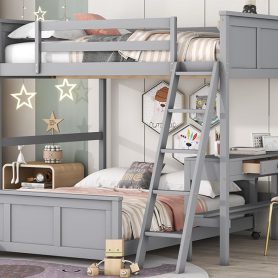 Solid Wood Full Over Full Bunk Bed With Desk and Ladder