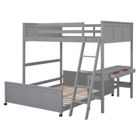 Solid Wood Full Over Full Bunk Bed With Desk and Ladder