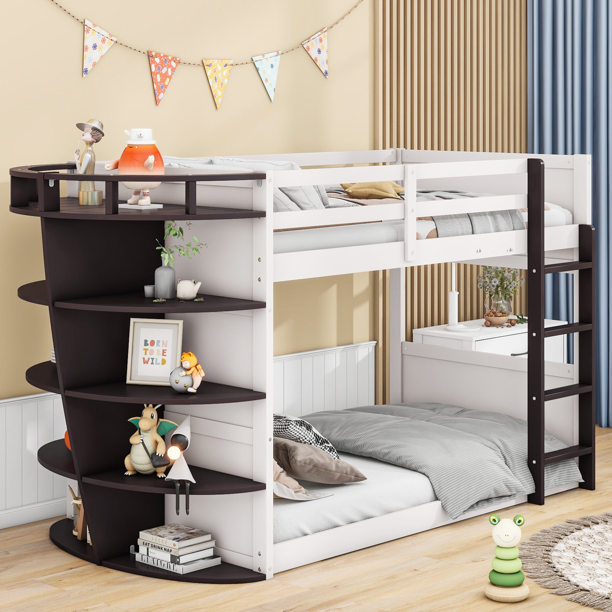 Twin Over Twin Boat-like Shape Bunk Bed With Storage Shelves