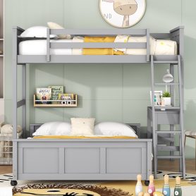 Solid Wood Twin Over Full Bunk Bed With Desk and Ladder