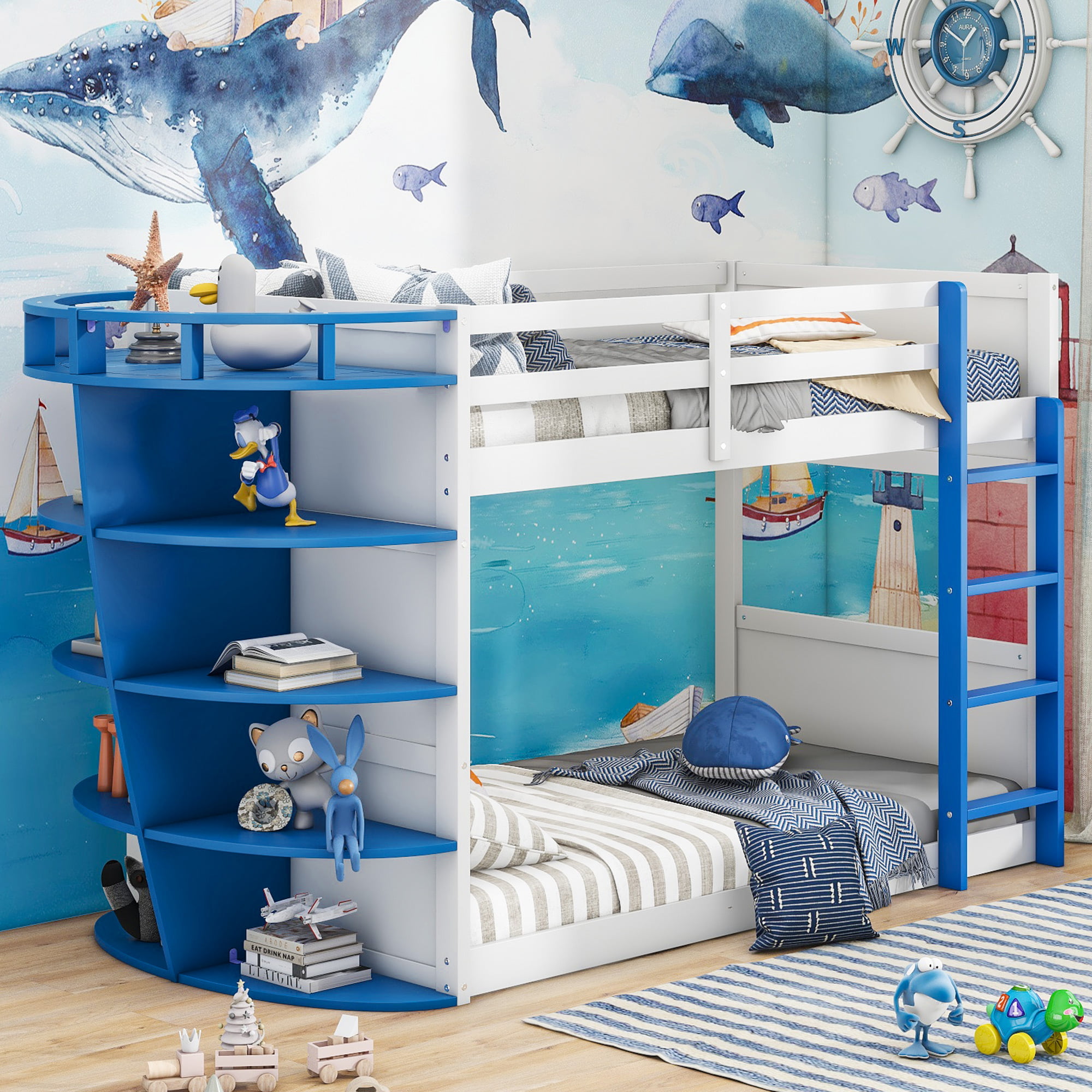 Twin Over Twin Boat-like Shape Bunk Bed With Storage Shelves