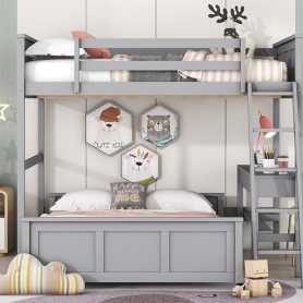 Solid Wood Full Over Full Bunk Bed With Desk and Ladder