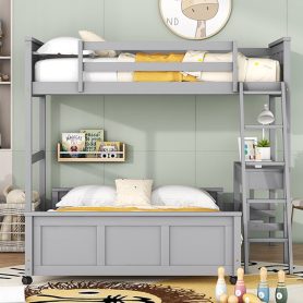 Solid Wood Twin Over Full Bunk Bed With Desk and Ladder