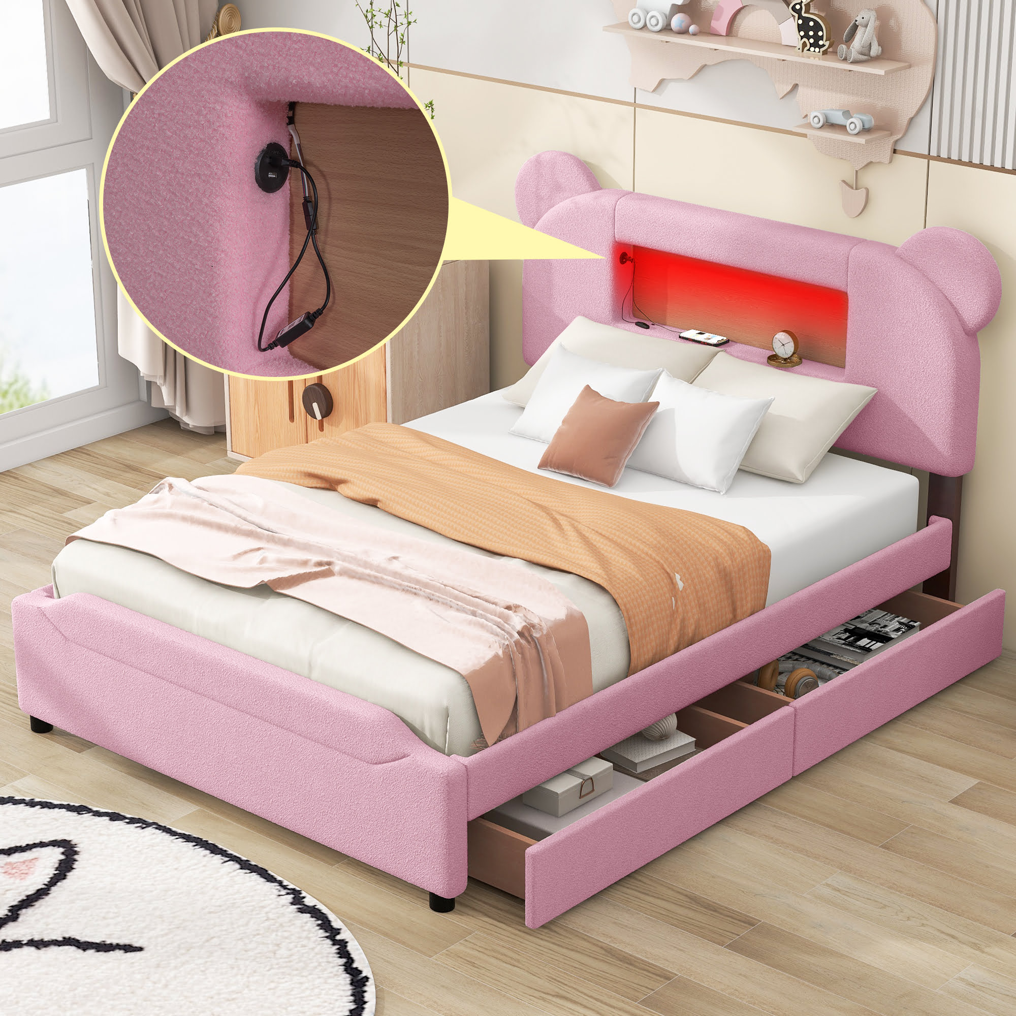 Full Size Upholstered Storage Platform Bed With Cartoon Ears Headboard, LED And USB