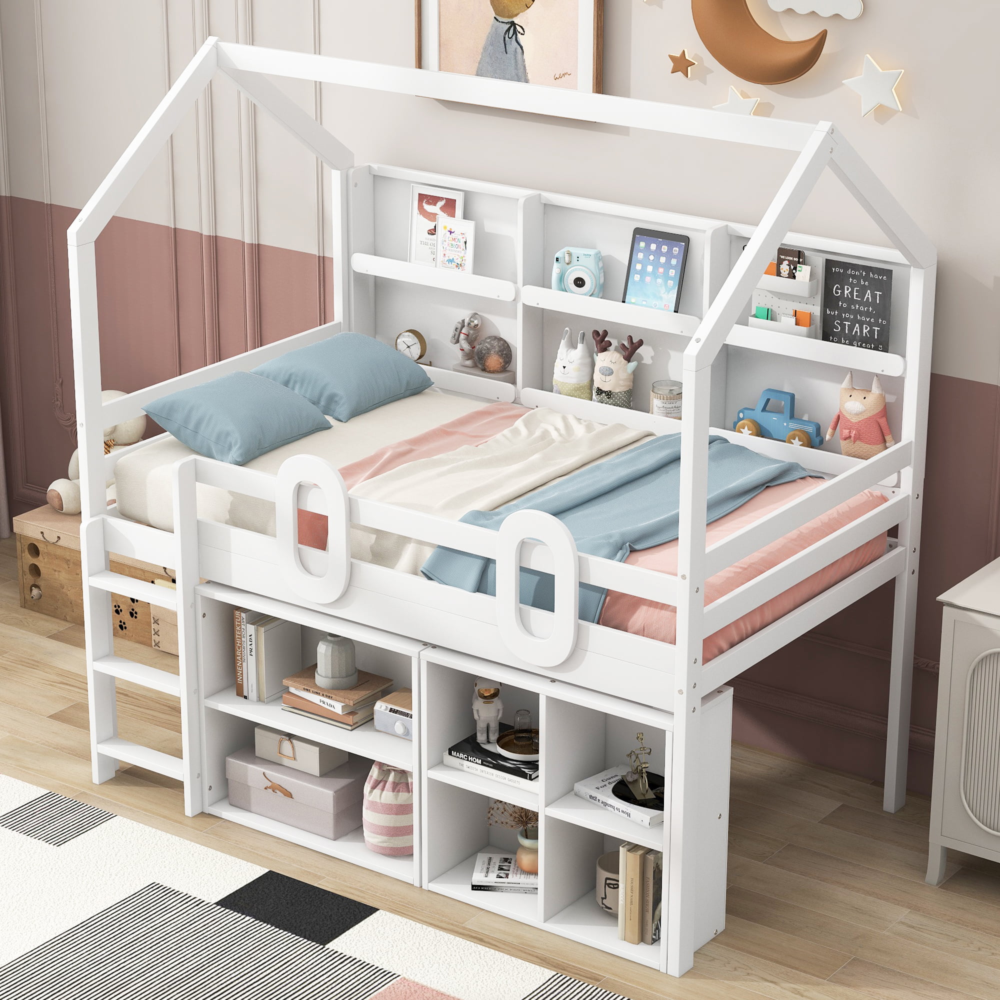 Twin Size House Loft Bed With Multiple Storage Shelves
