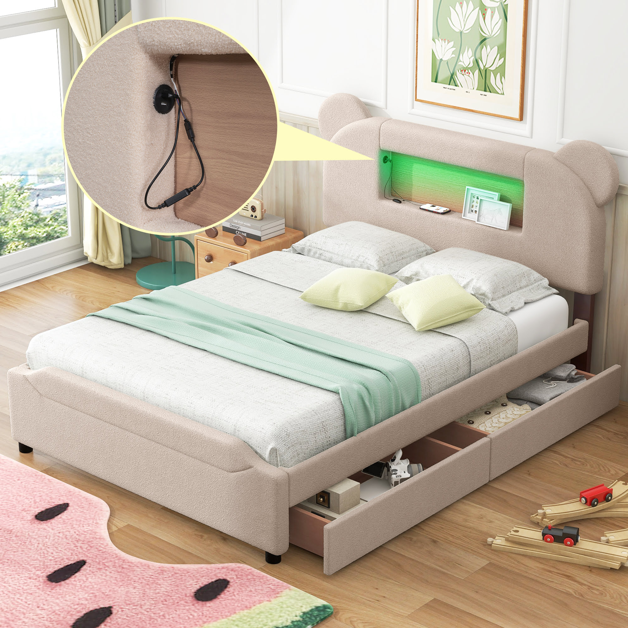 Full Size Upholstered Storage Platform Bed With Cartoon Ears Headboard, LED And USB