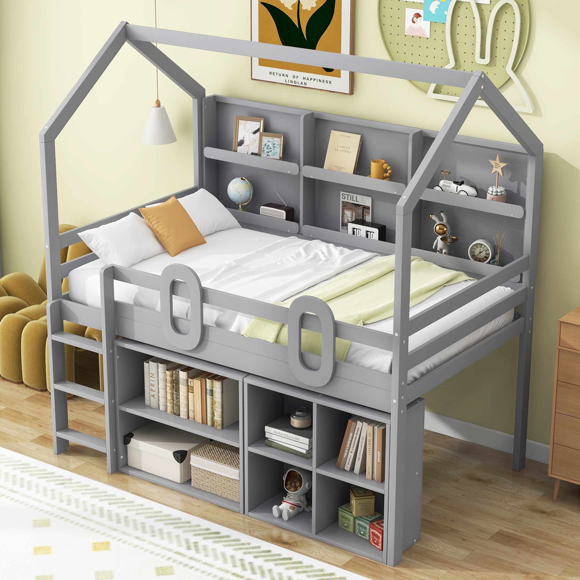 Twin Size House Loft Bed With Multiple Storage Shelves