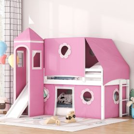 Castle Style Twin Size Loft Bed with Slide, Pink Tent and Tower