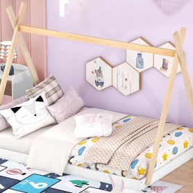 Wood Full Size Tent Floor Bed With Triangle Structure