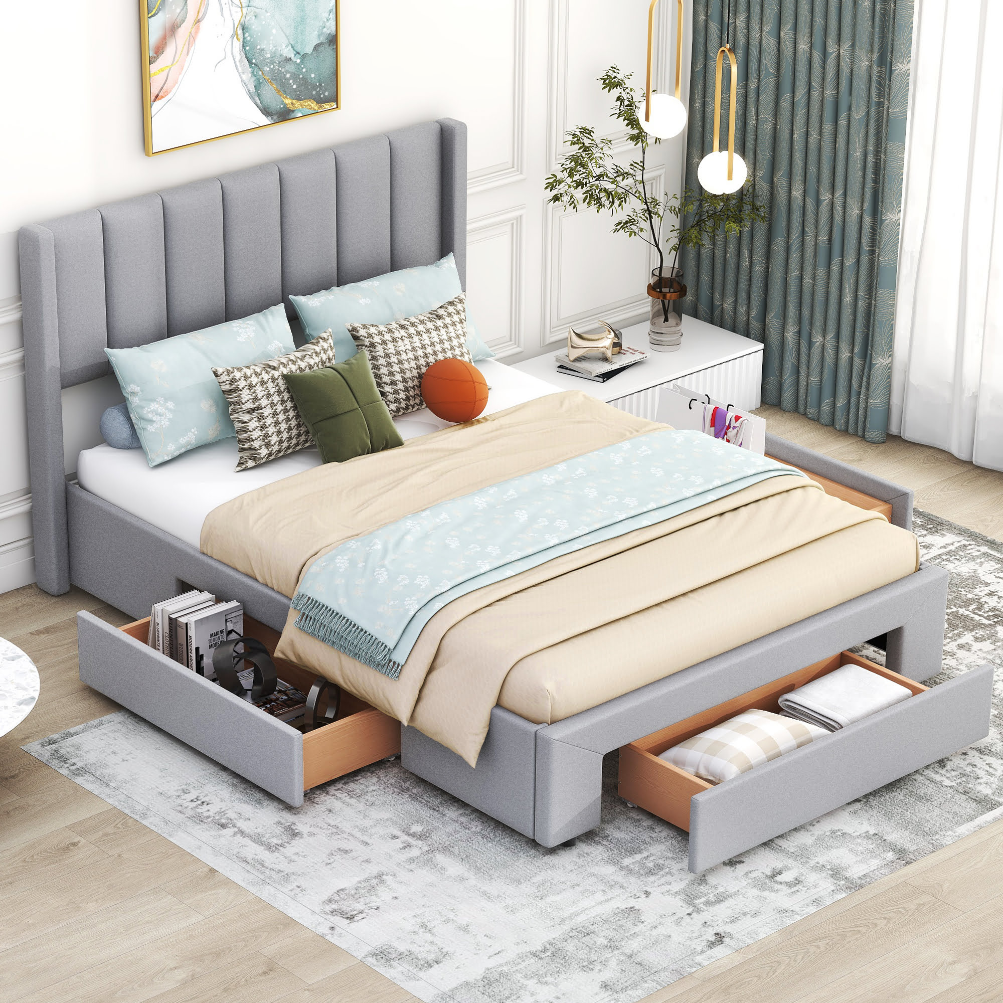 Queen Size Upholstered Platform Bed With One Large Drawer In The Footboard And Drawer On Each Side,gray