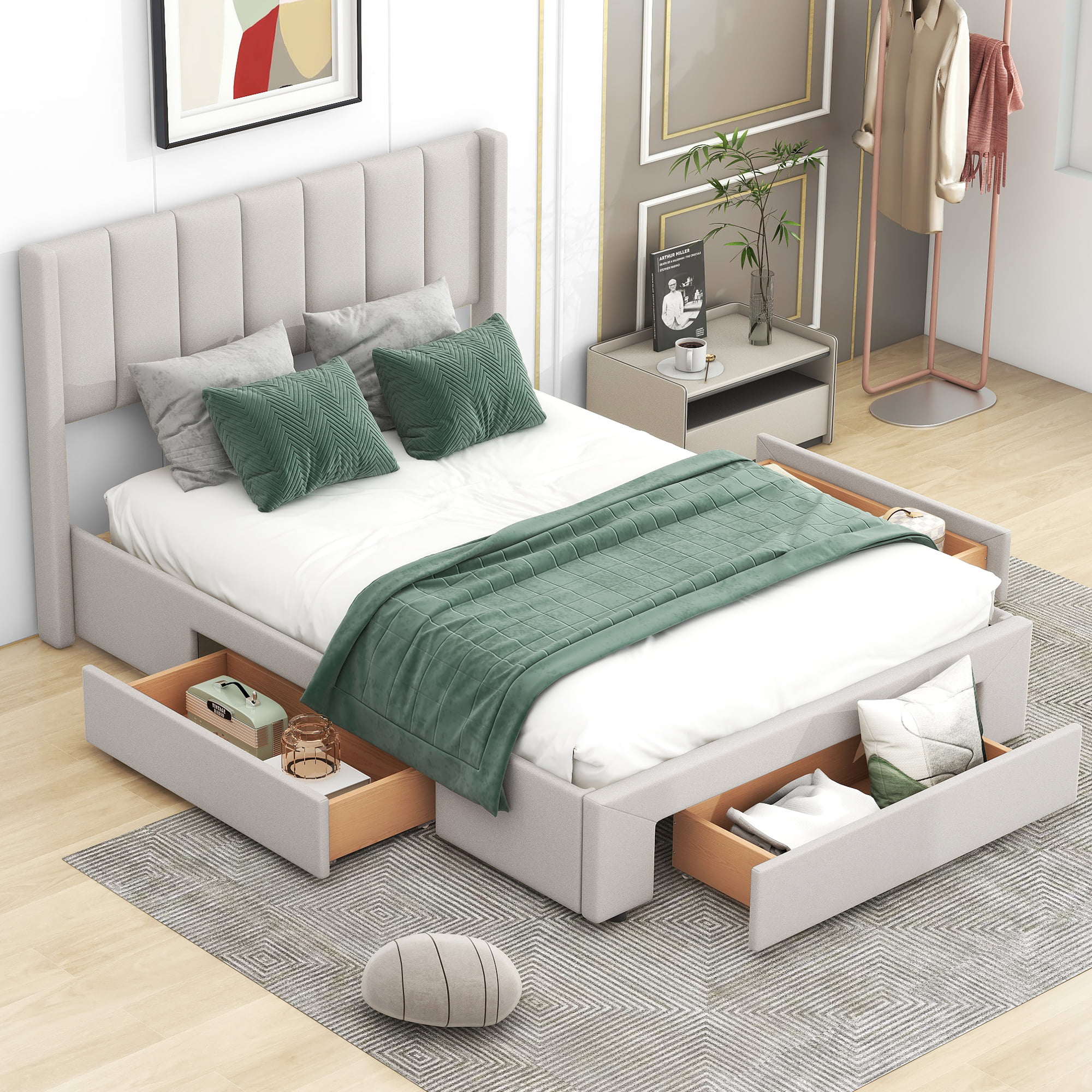 Full Size Upholstered Platform Bed With One Large Drawer In The Footboard And Drawer On Each Side