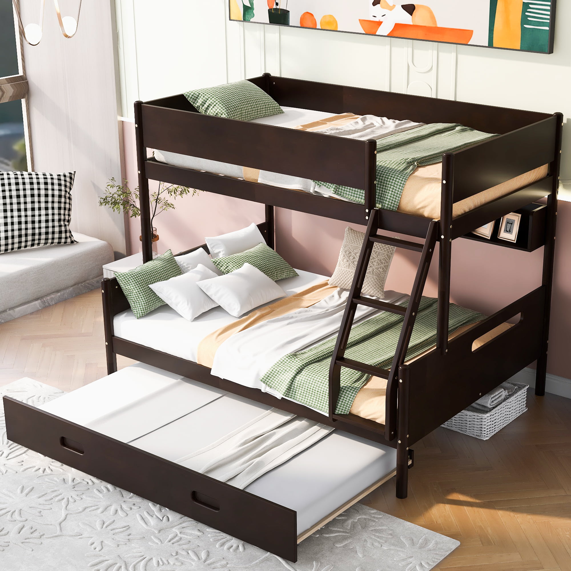 Wood Twin over Full Bunk Bed with Storage Shelves and Twin Size Trundle