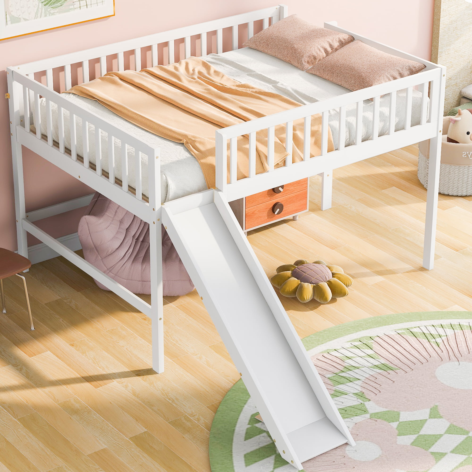 Full Size Low Loft Bed With Ladder And Slide