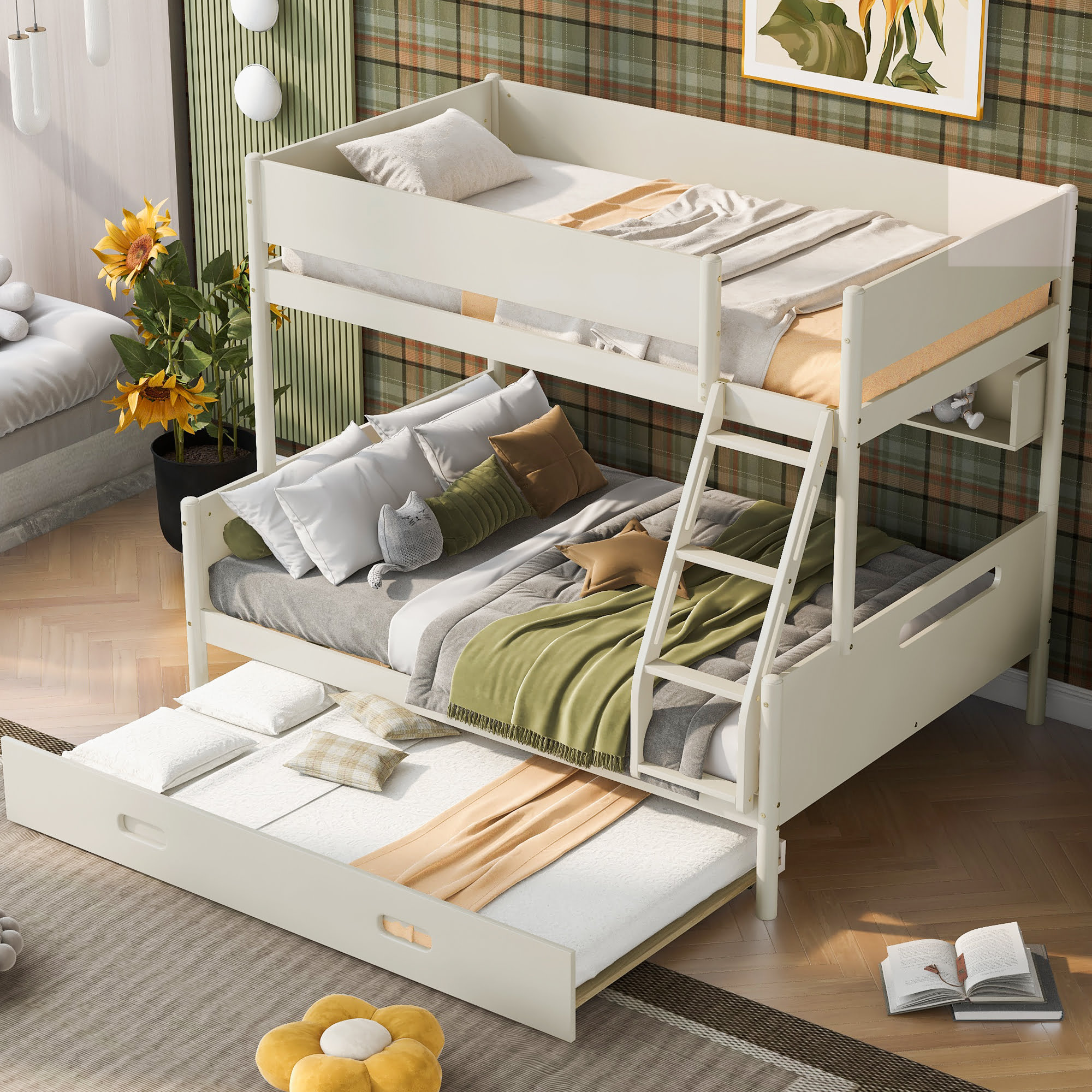 Wood Twin over Full Bunk Bed with Storage Shelves and Twin Size Trundle
