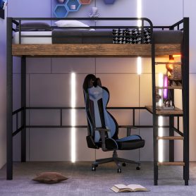 Metal Twin Size Loft Bed With Built-in Desk, Storage Shelf And Ladder