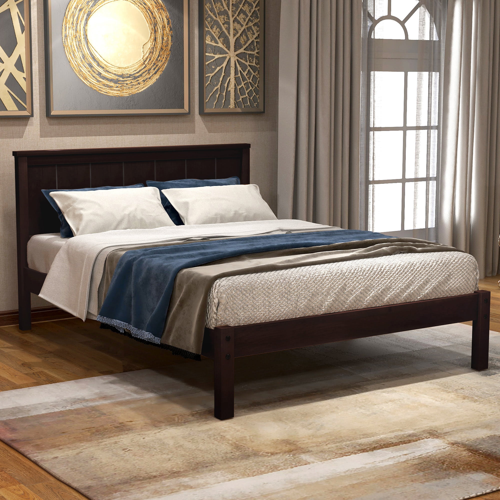 Twin Size Platform Bed Frame With Headboard, Wood Slat Support, No Box Spring Needed