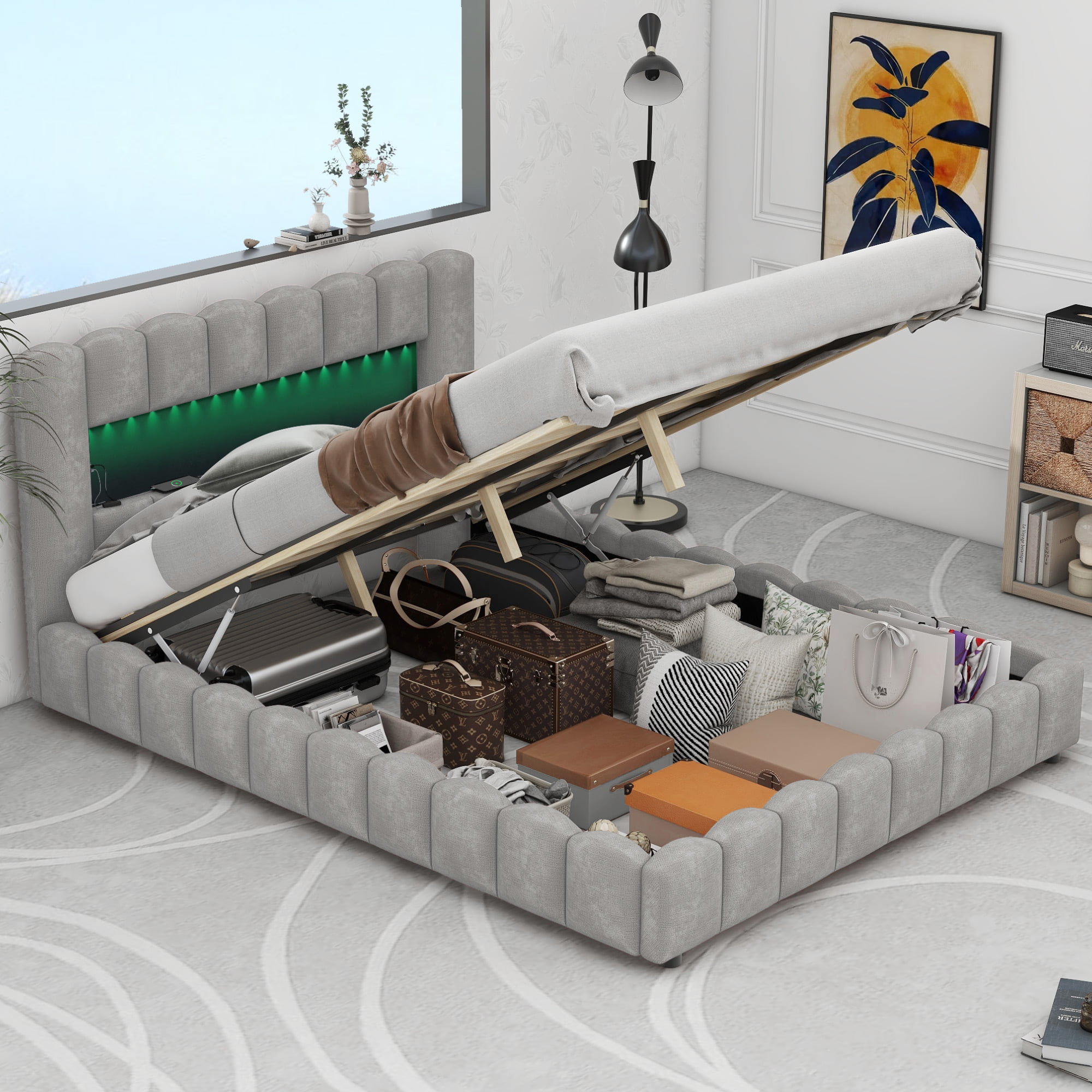 Queen Size Upholstered Platform Bed with LED Headboard and USB