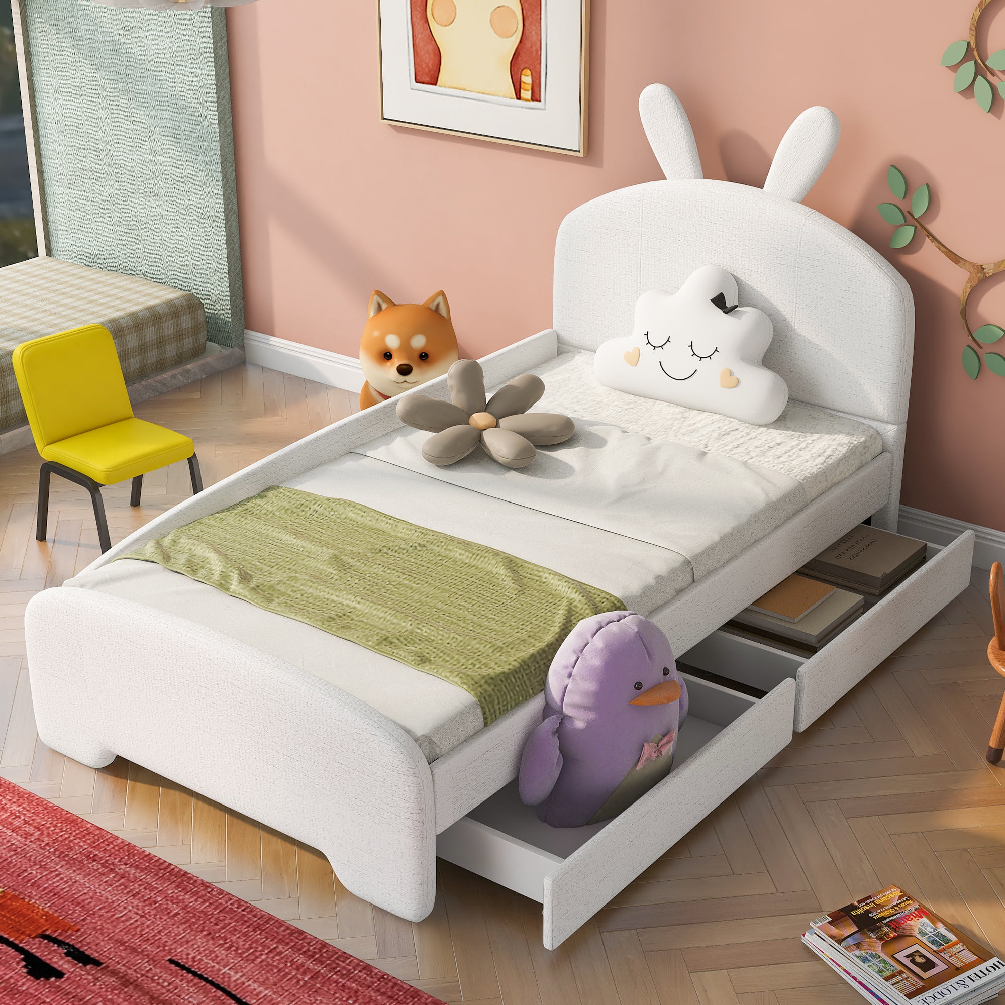 Twin Size Platform Bed With Cartoon Ears Shaped Headboard And 2 Drawers
