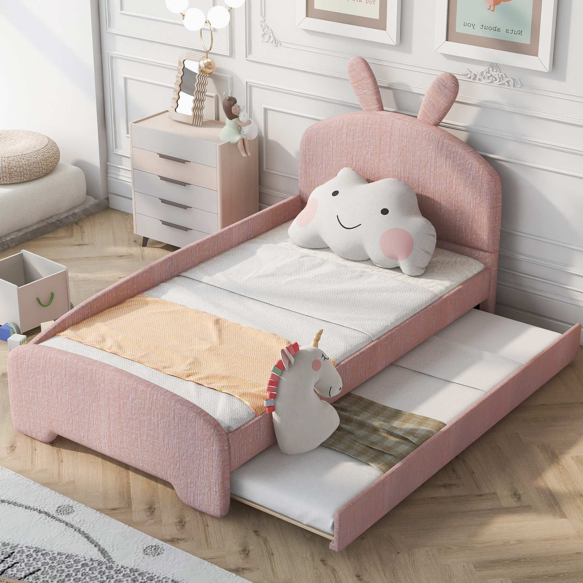 Twin Size Upholstered Platform Bed With Cartoon Ears Shaped Headboard And Trundle