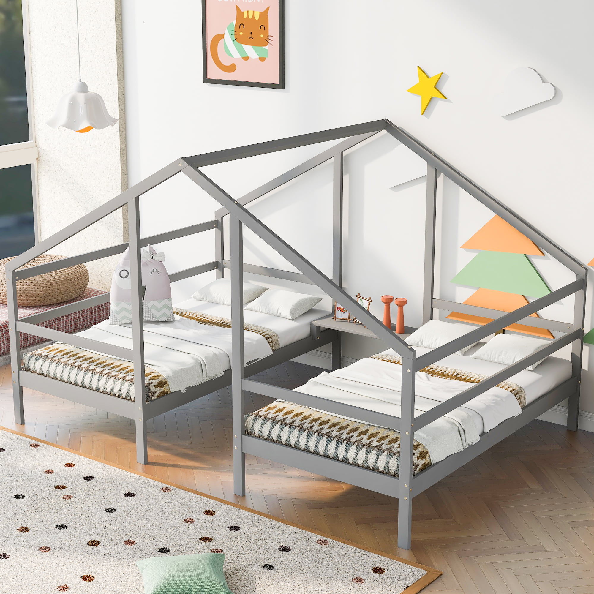 Double Twin Size Triangular House Bed with Built-in Table