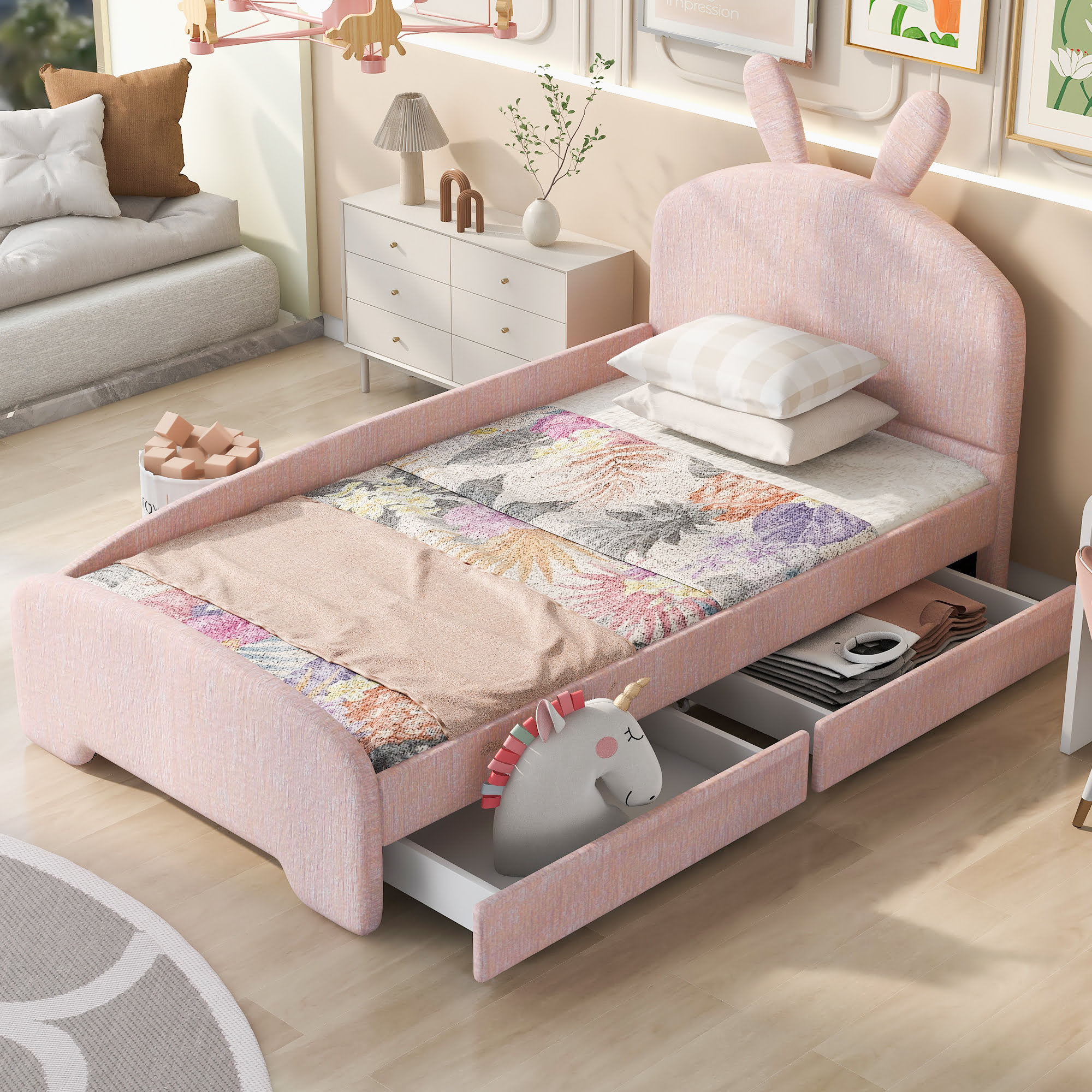 Twin Size Platform Bed With Cartoon Ears Shaped Headboard And 2 Drawers
