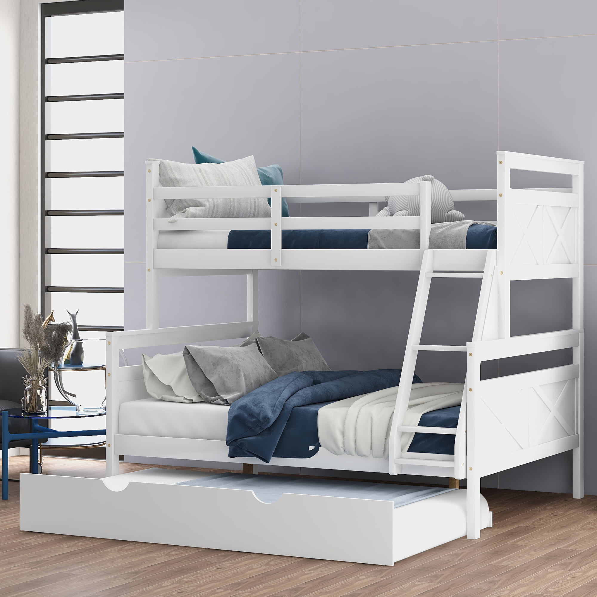 Twin over Full Bunk Bed with Ladder, Trundle, and Guardrail
