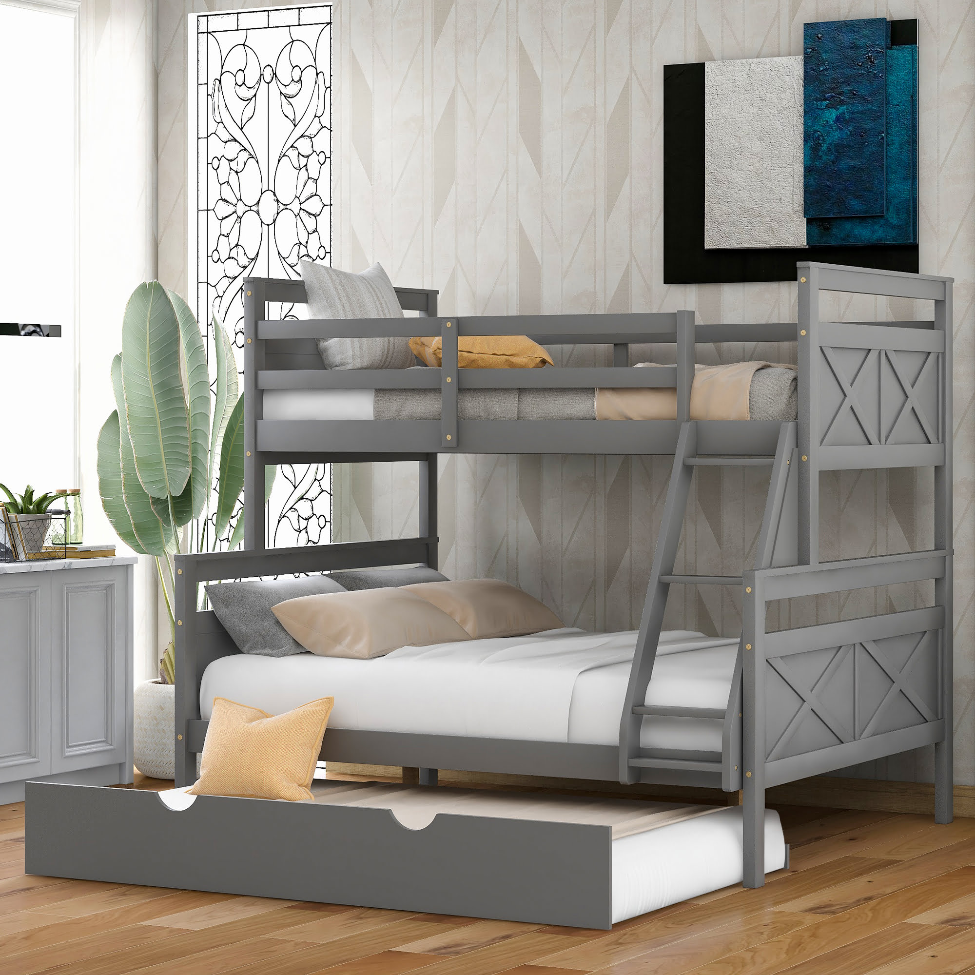 Twin over Full Bunk Bed with Ladder, Trundle, and Guardrail