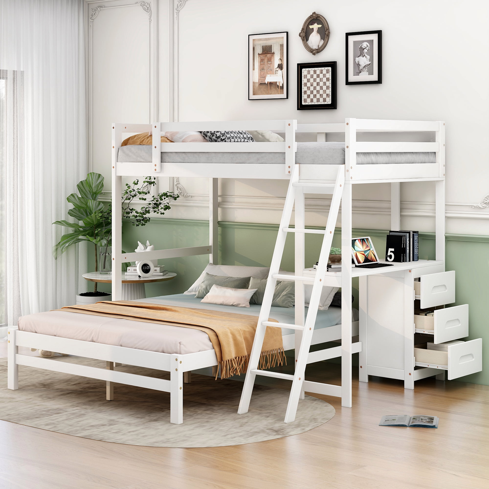 Twin over Full Bunk Bed with Built-in Desk and Three Drawers