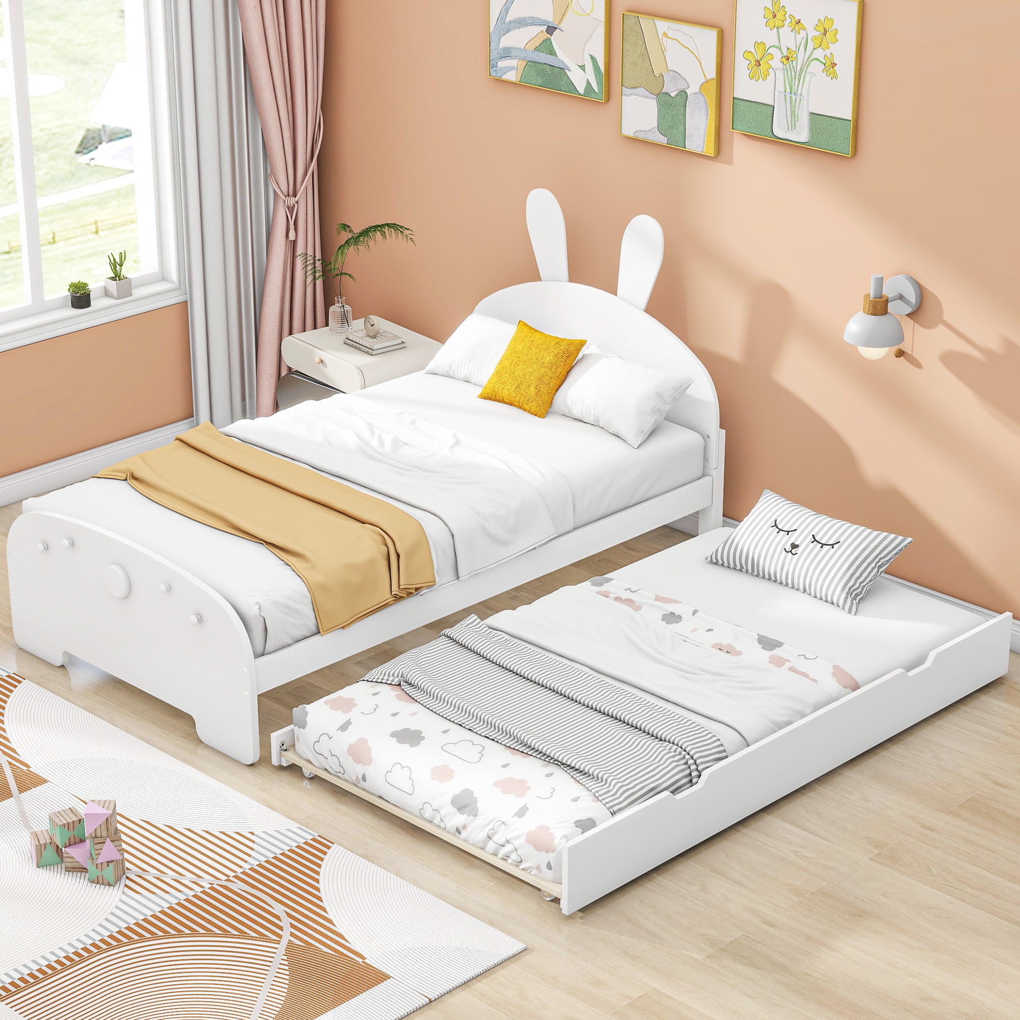 Wood Twin Size Platform Bed With Cartoon Ears Shaped Headboard And Trundle