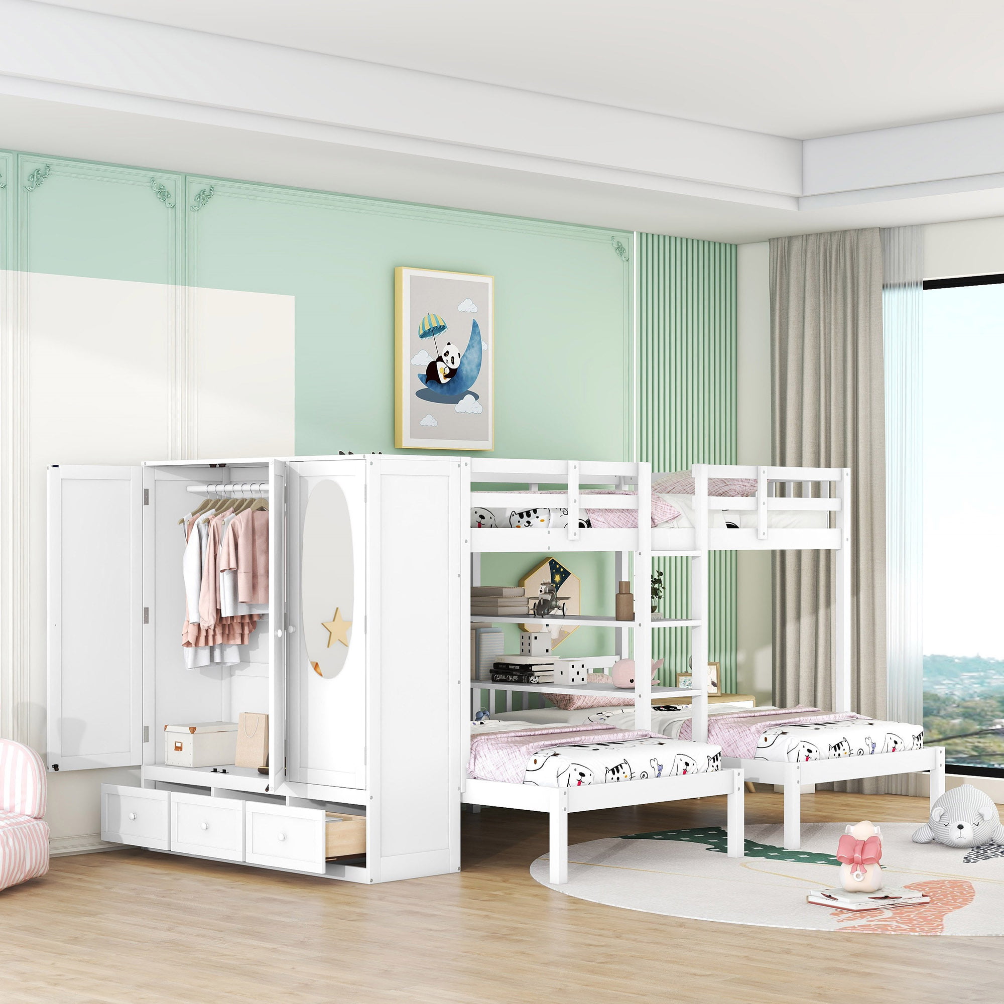 Full-Over-Twin-Twin Bunk Bed with Shelves, Wardrobe and Mirror