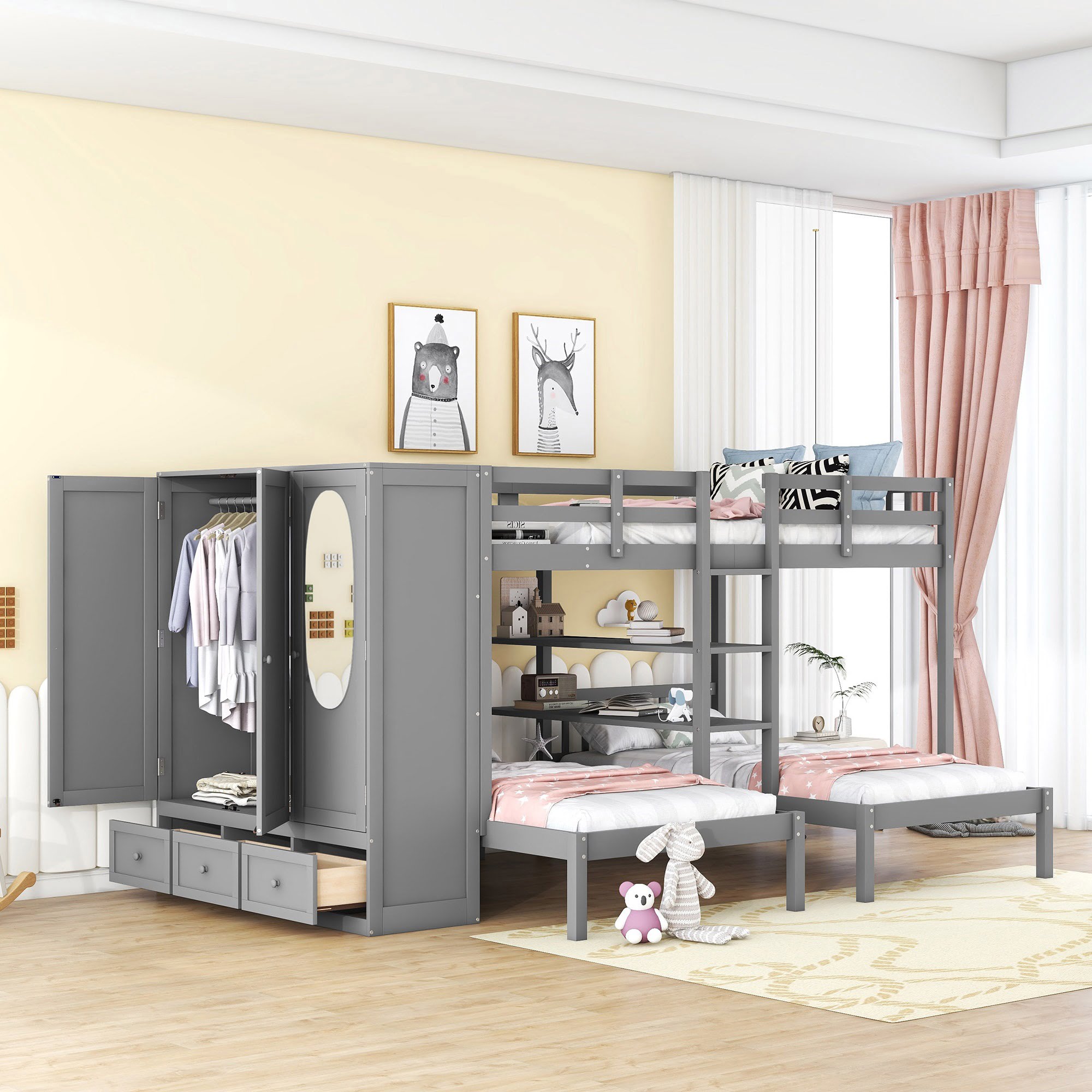 Full-Over-Twin-Twin Bunk Bed with Shelves, Wardrobe and Mirror