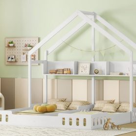 Wood Twin Size House Platform Beds With Shelves And Guardrail