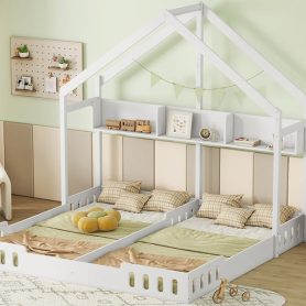 Wood Twin Size House Platform Beds With Shelves And Guardrail