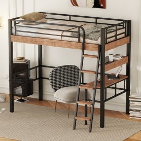 Metal Twin Size Loft Bed With Built-in Desk, Storage Shelf And Ladder