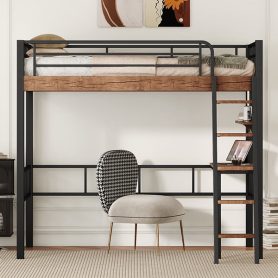 Metal Twin Size Loft Bed With Built-in Desk, Storage Shelf And Ladder