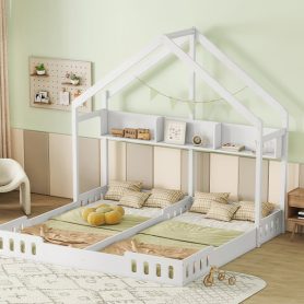 Wood Twin Size House Platform Beds With Shelves And Guardrail