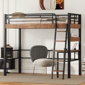 Metal Twin Size Loft Bed With Built-in Desk, Storage Shelf And Ladder