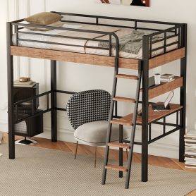 Metal Twin Size Loft Bed With Built-in Desk, Storage Shelf And Ladder