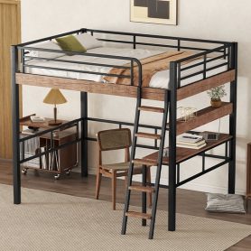 Metal Full Size Loft Bed With Built-in Desk, Storage Shelf And Ladder