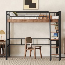 Metal Full Size Loft Bed With Built-in Desk, Storage Shelf And Ladder