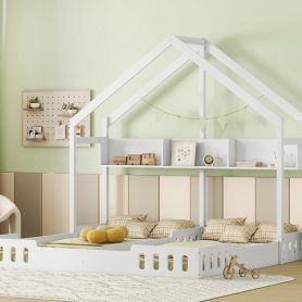 Wood Twin Size House Platform Beds With Shelves And Guardrail