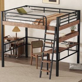 Metal Full Size Loft Bed With Built-in Desk, Storage Shelf And Ladder