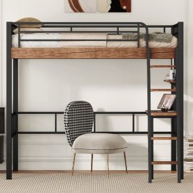 Metal Twin Size Loft Bed With Built-in Desk, Storage Shelf And Ladder