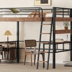 Metal Full Size Loft Bed With Built-in Desk, Storage Shelf And Ladder