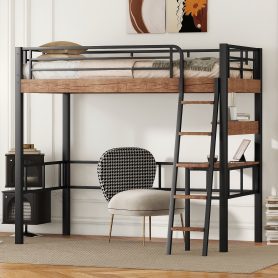 Metal Twin Size Loft Bed With Built-in Desk, Storage Shelf And Ladder