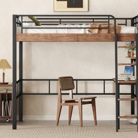 Metal Full Size Loft Bed With Built-in Desk, Storage Shelf And Ladder