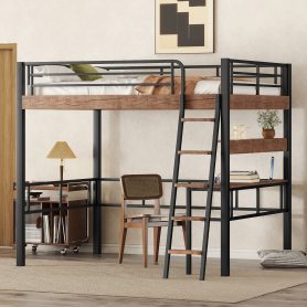 Metal Full Size Loft Bed With Built-in Desk, Storage Shelf And Ladder